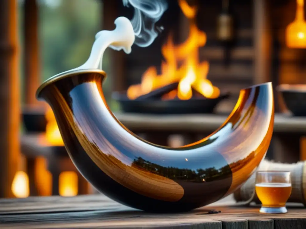 Un cuerno vikingo rebosante de hidromiel, rodeado de utensilios y una fogata
