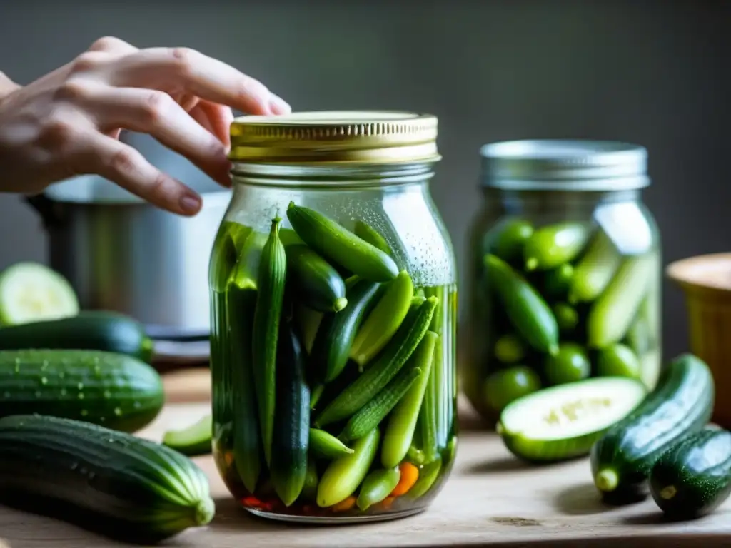 Innovación culinaria en régimen soviético: Detalle preciso de envasado de pepinos en tarro, en cocina de la época, con propaganda de fondo