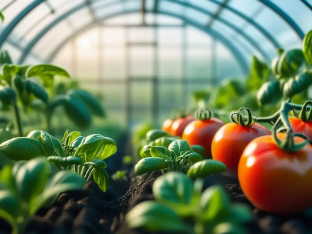 El cultivo de tomates en un invernadero escandinavo: gotas de agua en hojas verdes