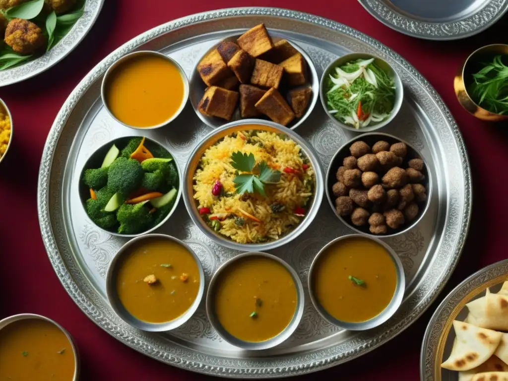 Exquisita fiesta Mughal: Detalles y sabores vibrantes en plata Una representación cultural de la cocina Mughal, con un festín detallado en un plato de plata intrincadamente diseñado