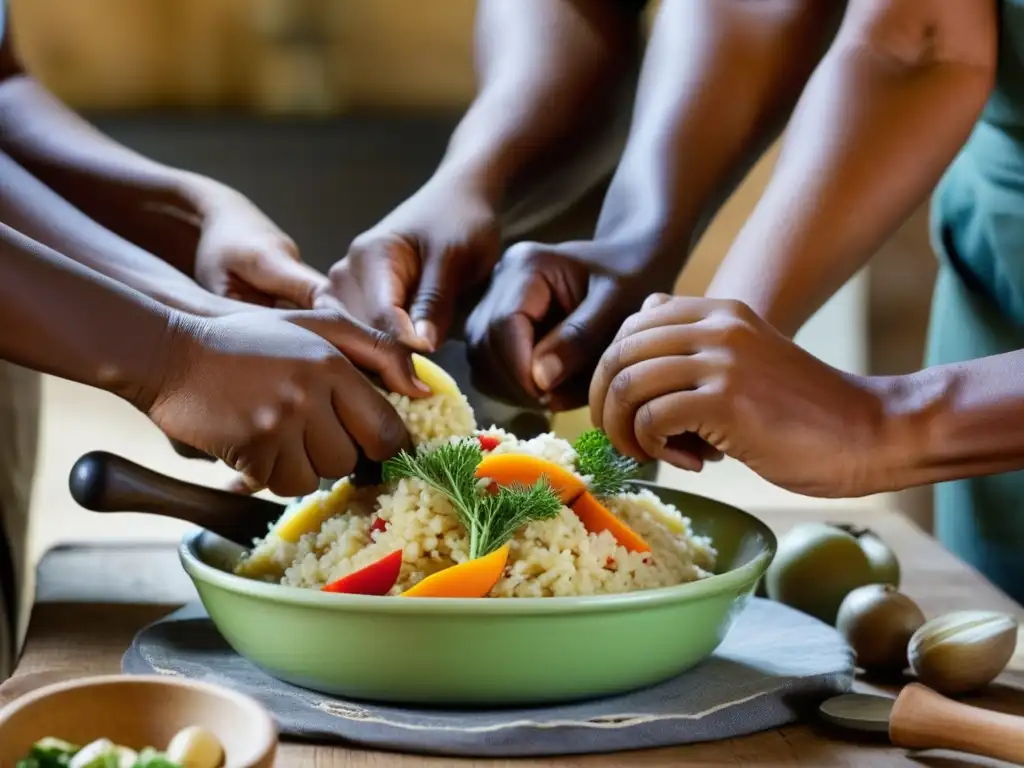 Unión cultural en la cocina: manos sudafricanas diversas preparando recetas históricas en un ambiente rústico