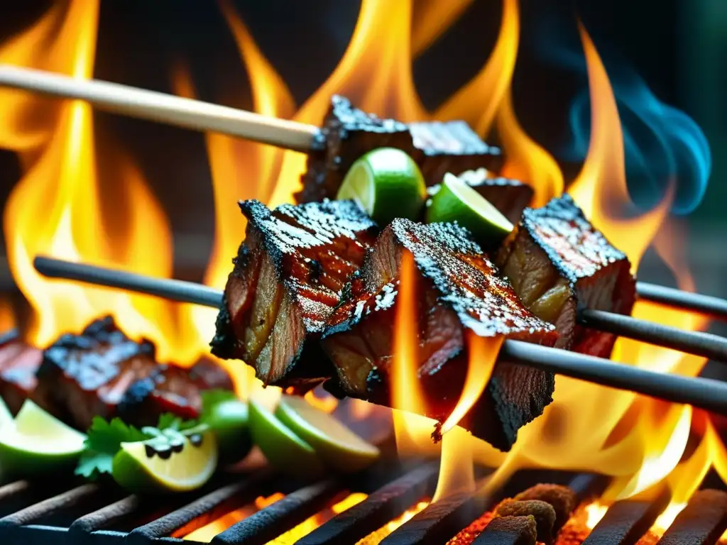 Deléitate con la danza de luz y sombra al saborear un anticucho peruano en parrilla tradicional, influencias asiáticas en anticuchos peruanos