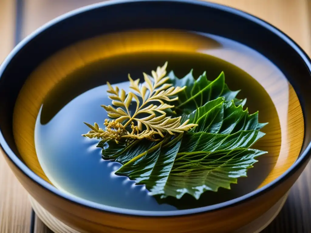 Dashi en la cocina japonesa: Detalles vibrantes de un colador japonés con kombu y bonito en ebullición, creando aromas y sabores