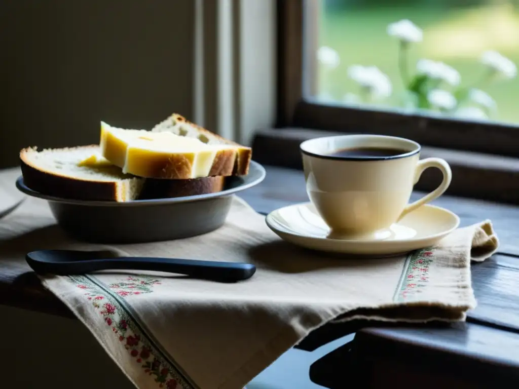 En la década de 1930, un desayuno sencillo en mesa de madera desgastada con mantel floral, café negro, pan con mantequilla y vaso de leche