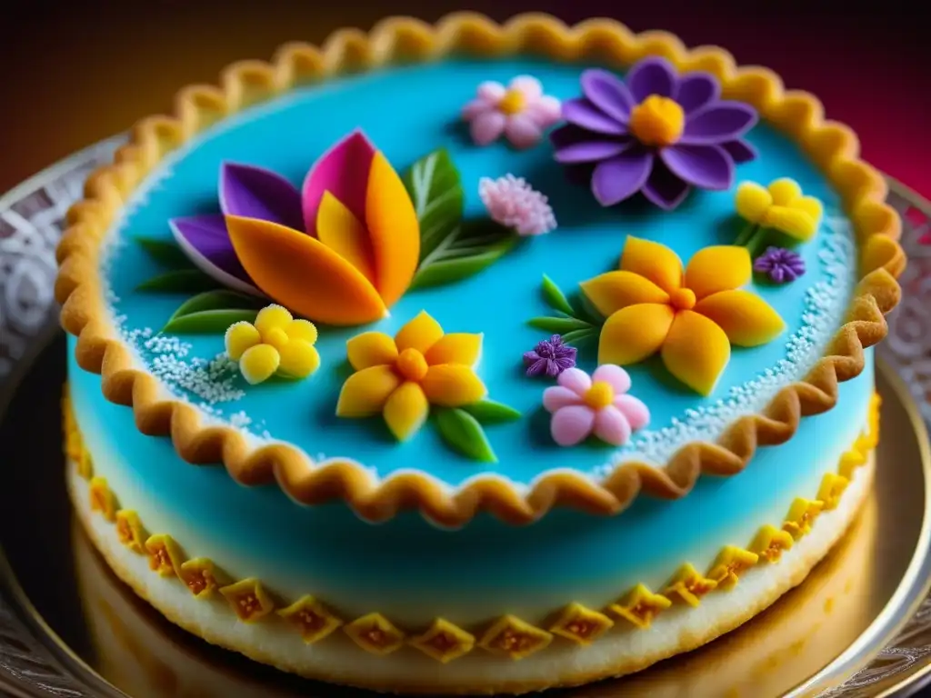 Decoración minuciosa de postre criollo con flores de azúcar y patrones detallados, resaltando la riqueza cultural de la repostería hispanoamericana