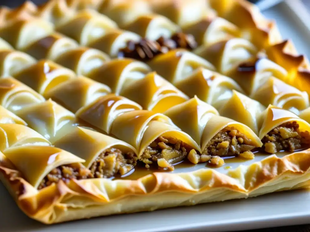 Un deleite visual: bandeja de baklava recién horneada, con capas de masa filo, nueces y miel