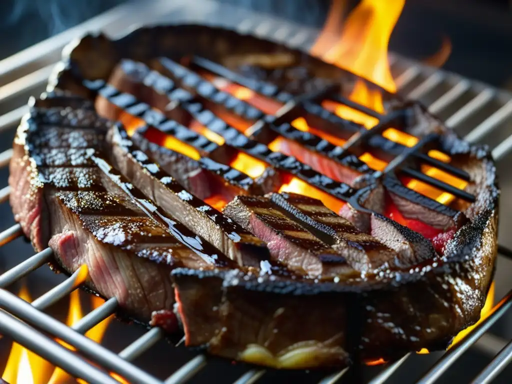 Un deleite visual: Detalle de una parrilla caliente con marcas de cocción en un filete perfectamente cocido