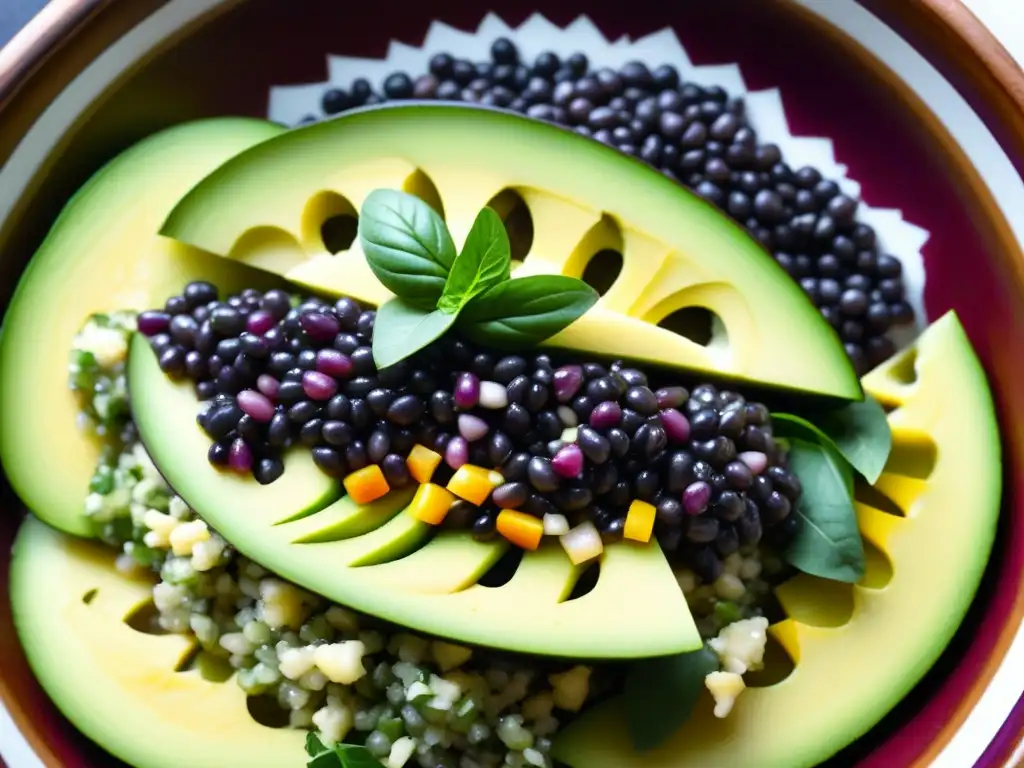 Un deleite visual: ensalada andina vibrante con quinoa, choclo morado y aguacate, resaltando la riqueza cultural de estas recetas históricas