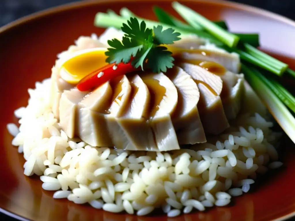 Un deleite visual del Origen y receta Hainanese Chicken, con arroz brillante, jugoso pollo y condimentos vibrantes