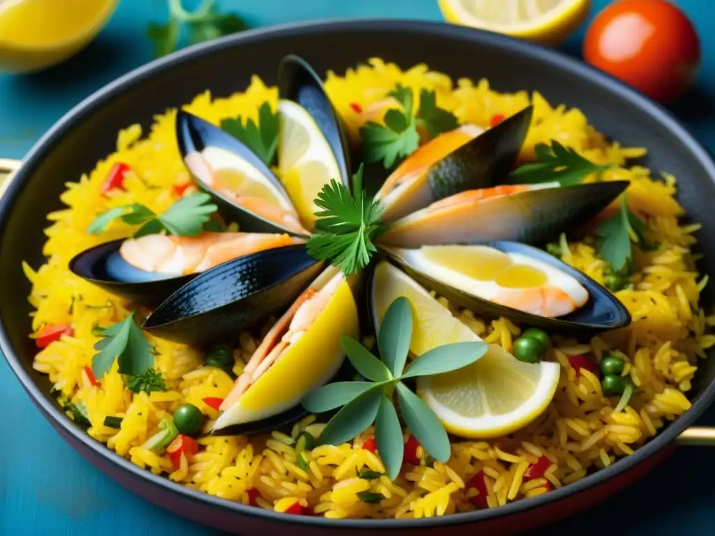 Un deleite visual de paella española con mariscos, arroz azafrán y limón, destacando el legado español cocina Pacífico adaptaciones