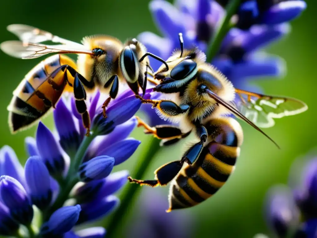 Una delicada abeja recolectando néctar de una flor de lavanda