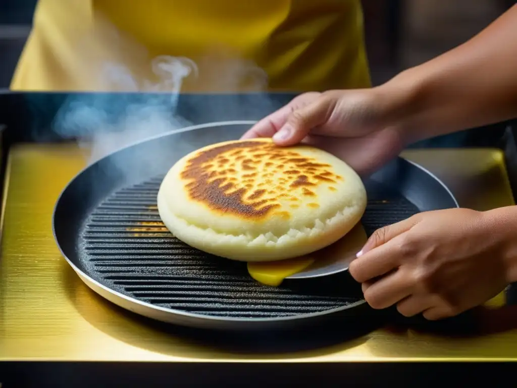 Delicada arepa colombiana dorada en la plancha, reflejando la gastronomía globalizada del intercambio columbino