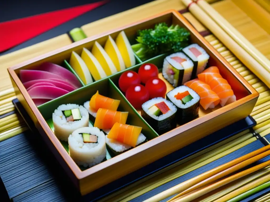 Delicada presentación de un bento japonés Edo con ingredientes coloridos y sostenibles