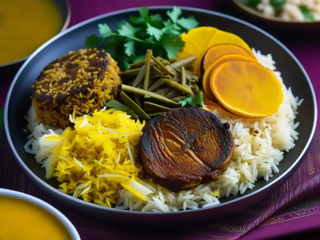 Delicada biryani con influencia mongol: arroz azafranado, carne marinada y frutas secas