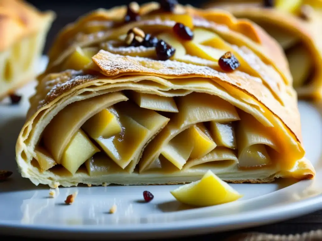 Delicada capa dorada de strudel de manzana recién horneado, revelando sus intrincadas capas y su delicioso relleno