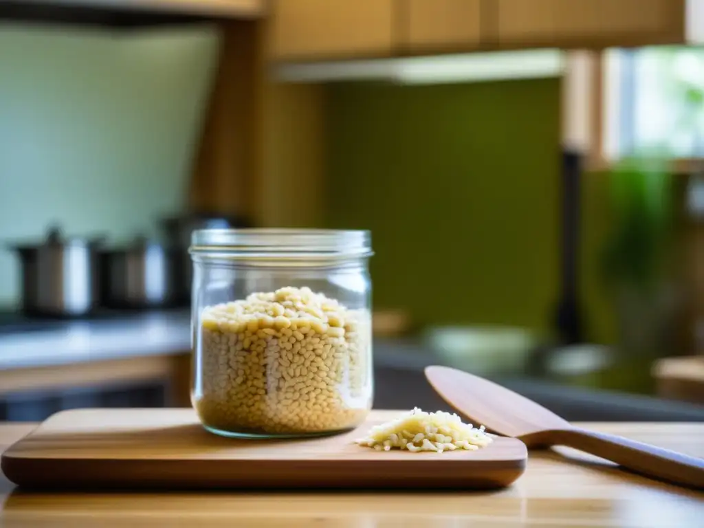 Delicada fermentación casera de tempeh en recipiente de vidrio, destacando los beneficios del tempeh en recetas históricas