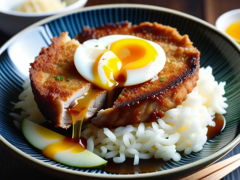 Sabrosa preparación de Katsudon: cerdo crujiente en huevo dorado Delicada preparación del Katsudon: corte de cerdo dorado sumergido en huevo