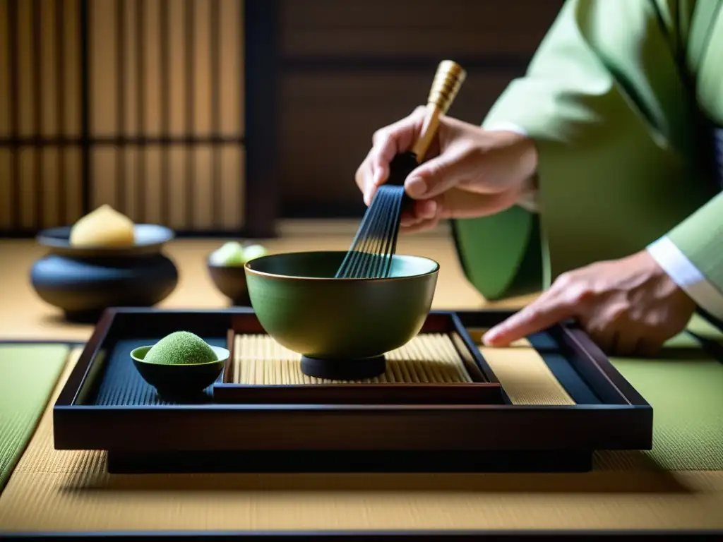 Delicada ceremonia del té japonés en sala de tatami, con utensilios tradicionales y dulces wagashi