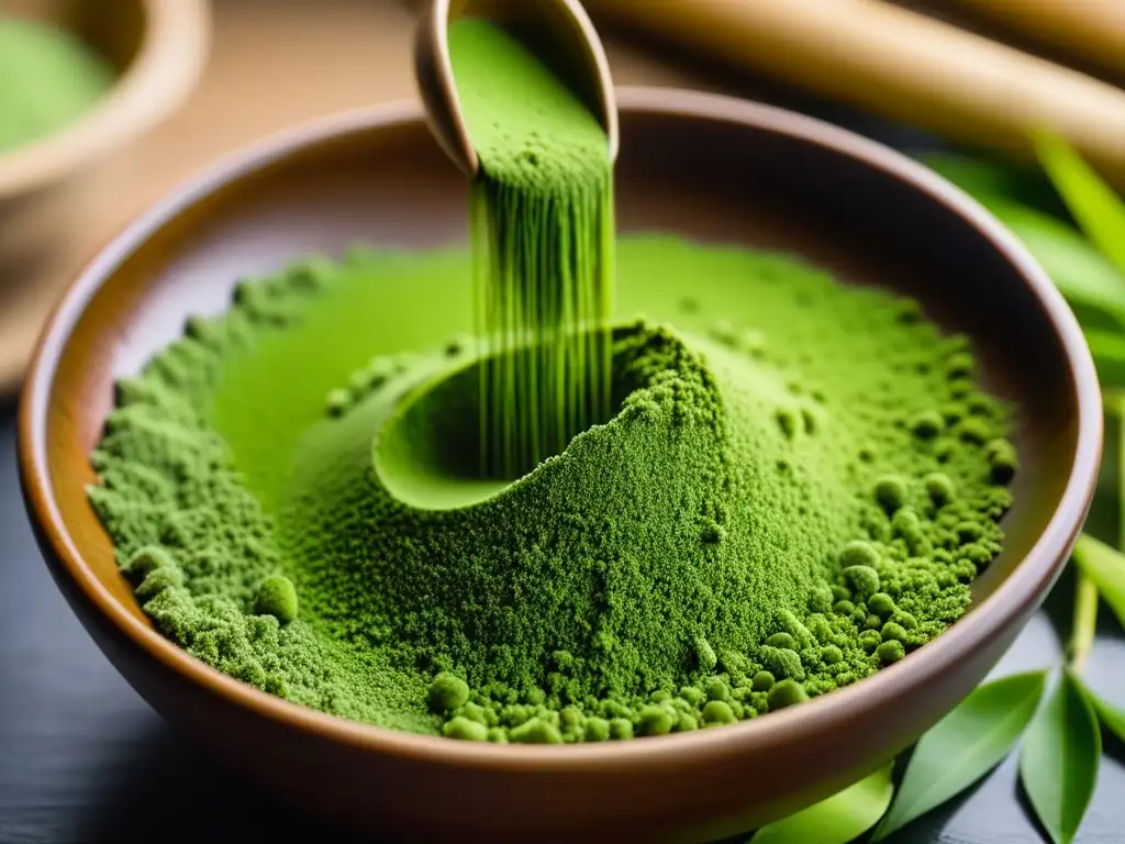 Delicada cernida de polvo de matcha verde en un tazón de cerámica, resaltando sus beneficios en nutrición