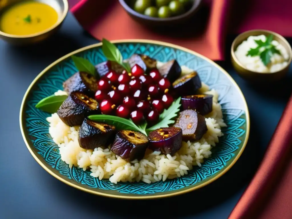 Delicada presentación de cocina otomana con arroz de azafrán, kebabs de cordero, puré de berenjena y semillas de granada