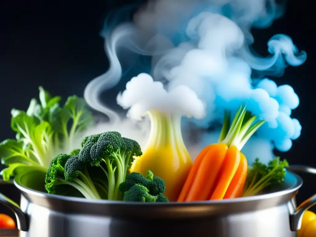 Delicada cocina a vapor: coloridas verduras cocinándose a la perfección, capturando la historia culinaria en cada detalle