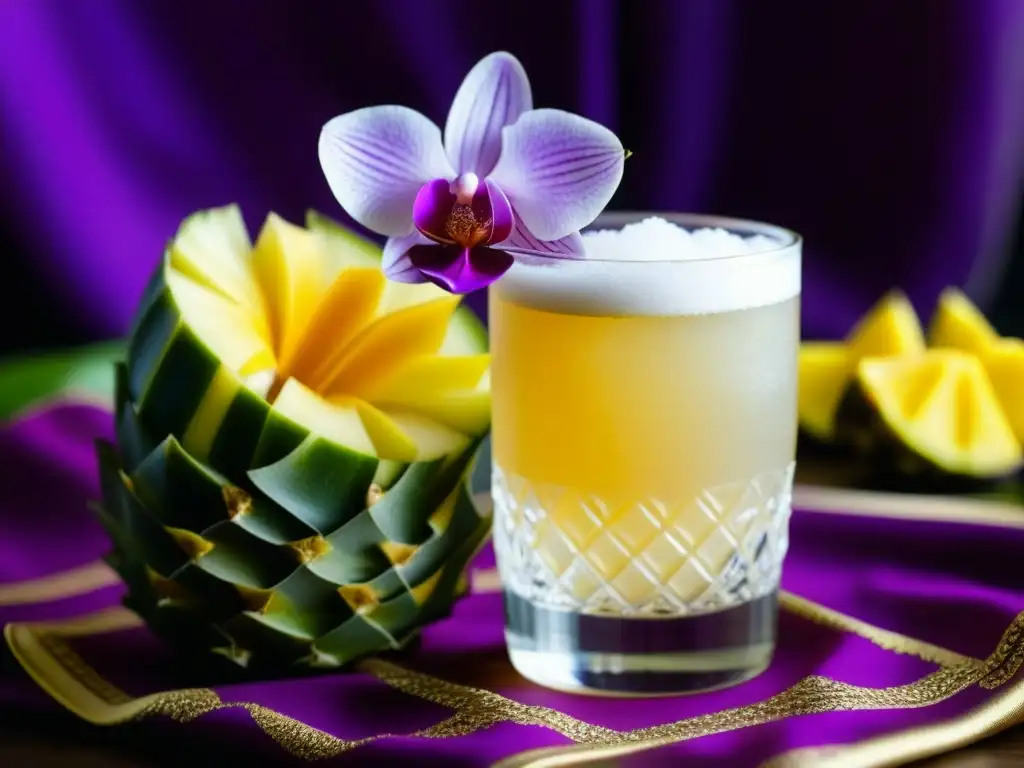 Delicada coctel filipino con orquídea púrpura, bordado tradicional filipino