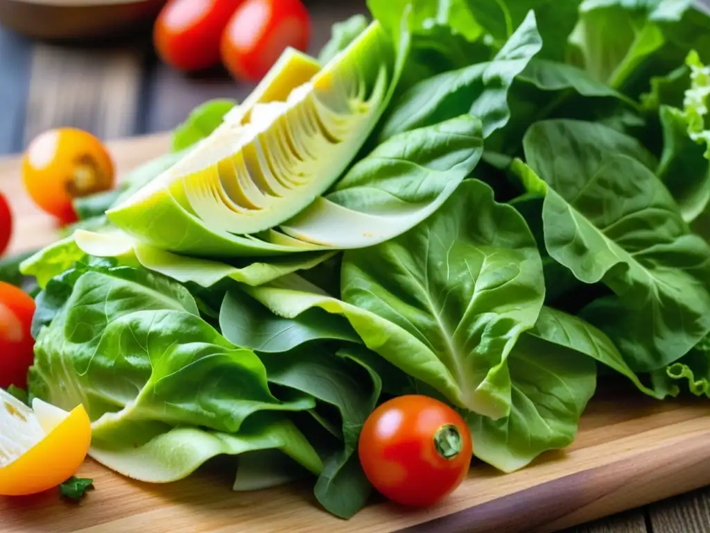 Delicada composición de ingredientes frescos para ensalada César clásica, resaltando colores y texturas