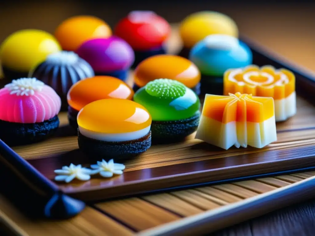 Delicada confitería japonesa de la Era Meiji, detallada y colorida, resaltando su artesanía y belleza cultural