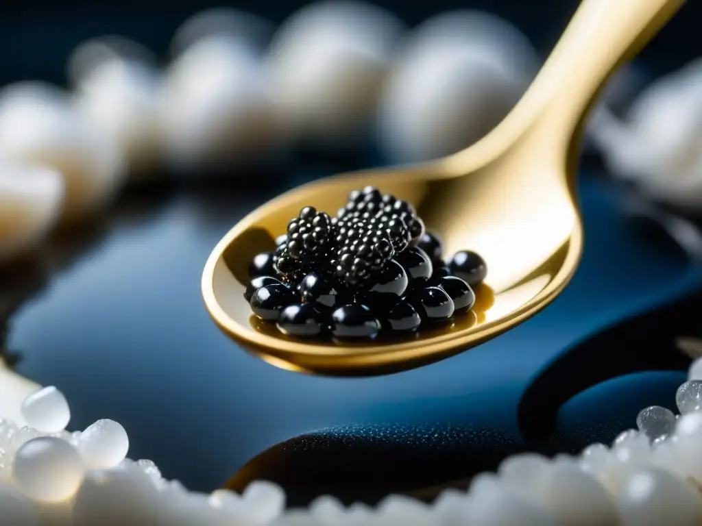 Delicada cuchara de nácar recogiendo caviar negro sobre hielo triturado, reflejando lujo y opulencia