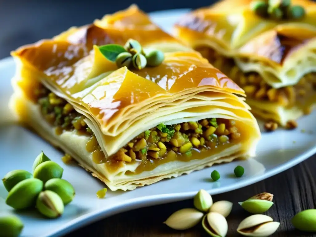 Delicada baklava dorada con pistachos, nueces y especias