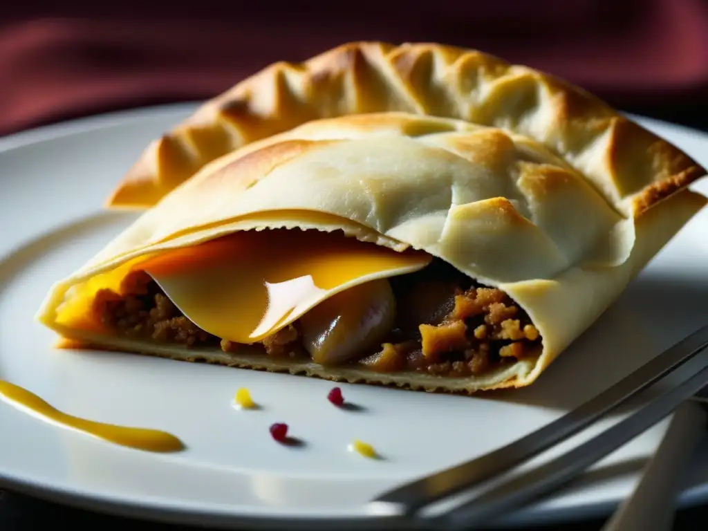 Delicada empanada moderna con rellenos innovadores como pato ahumado, pera caramelizada y queso de cabra, resaltando texturas y colores