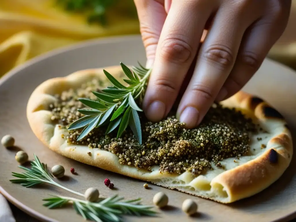 Delicada esencia del za'atar en pan árabe recién horneado, evocando recetas históricas de Medio Oriente