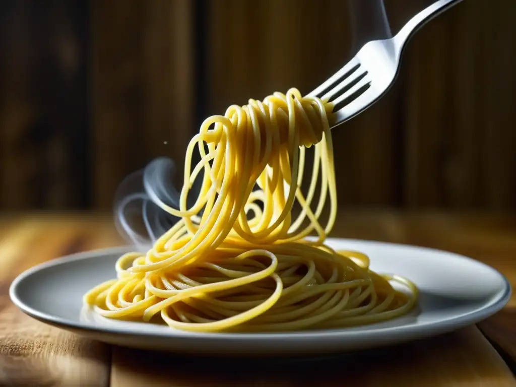 Delicada espiral de espaguetis recién cocidos en tenedor, con vapor, en mesa rústica iluminada, evocando calidez y la influencia italiana en la comida