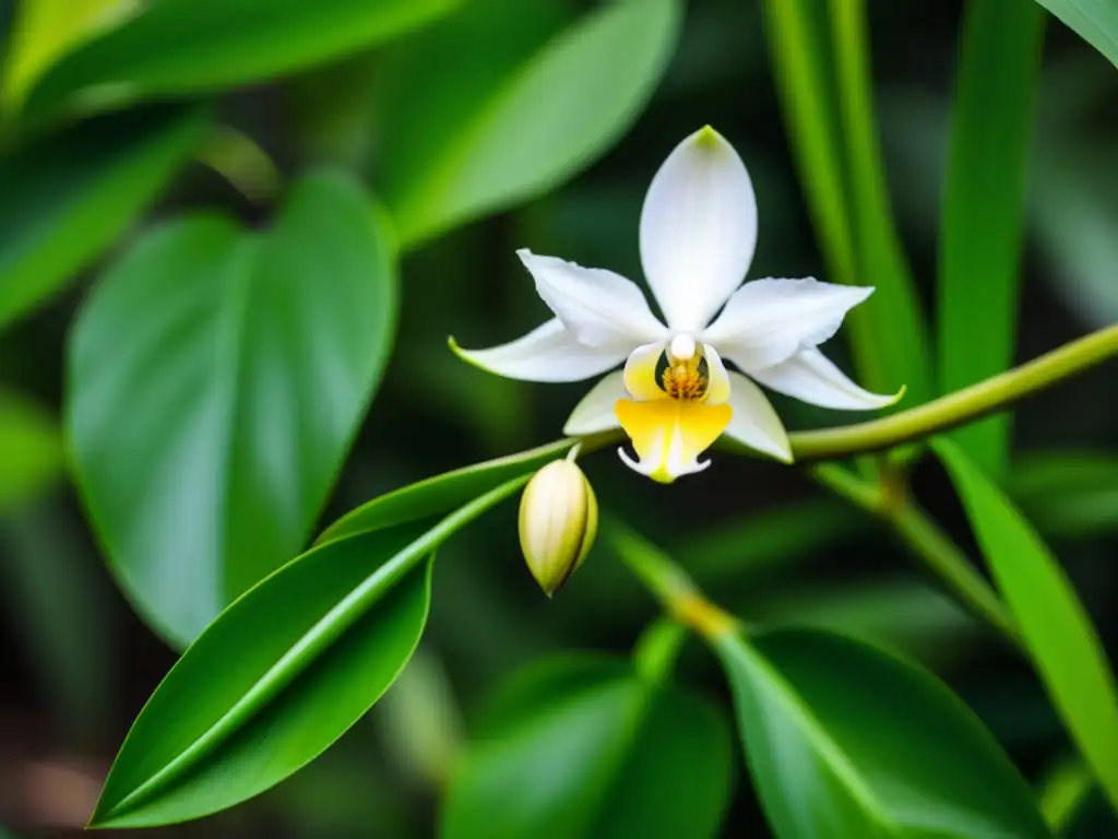 Delicada flor de vainilla con hojas verdes y pequeños granos emergiendo, en un fondo tropical