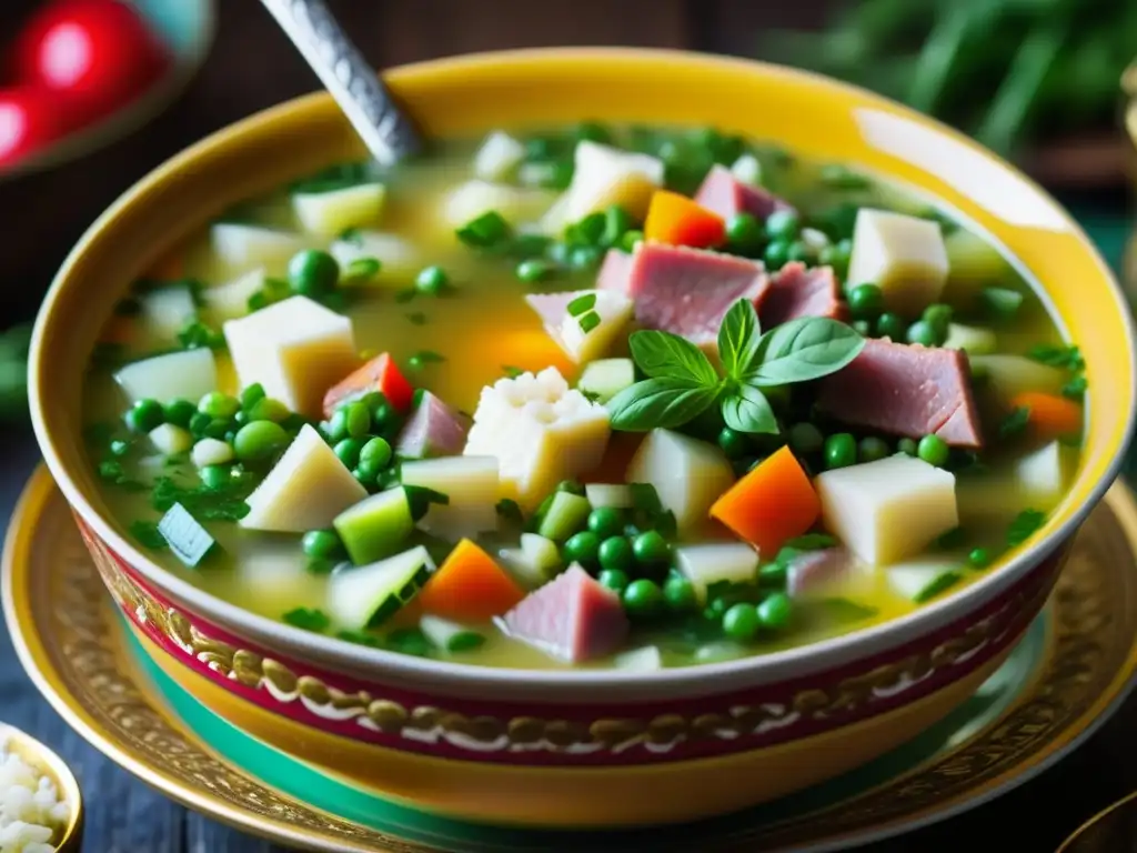 Delicada sopa fría rusa Okroshka histórica en un tazón vintage con vapor y coloridos ingredientes flotantes