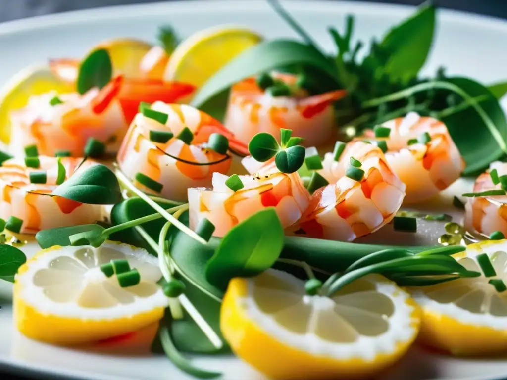 Delicada historia del Carpaccio de Camarón: rebanadas de camarón fresco con aceite de oliva, microgreens y sal marina