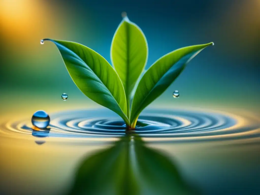 Delicada hoja de té desplegándose en agua caliente, con burbujas y vapor, reflejando la sostenibilidad en la comercialización global