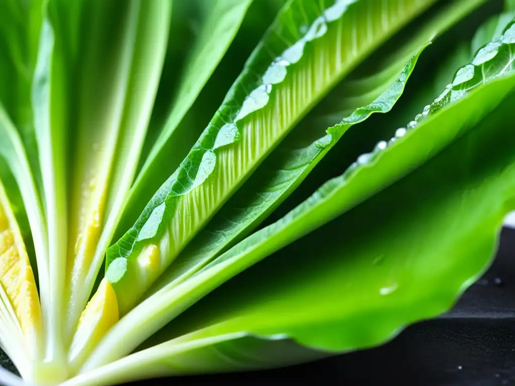 Delicada hoja de lechuga romana con aderezo dorado, evocando la historia y el origen cultural de la ensalada César