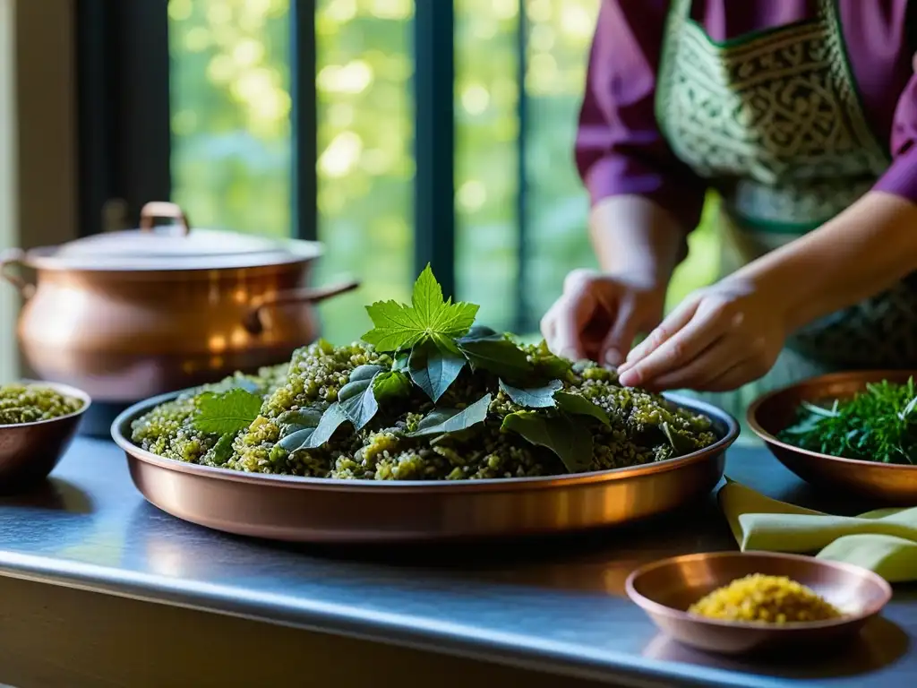 Delicado arte de rellenar hojas de parra: tradición persa en detalle Delicada preparación de hojas de parra rellenas en cocina persa, con influencia de conquistas islámicas