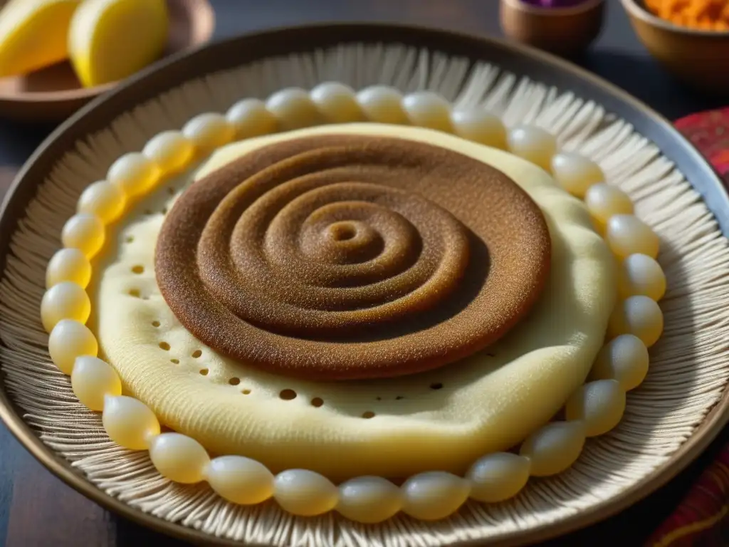 Delicada injera etíope recién cocida en cesta tradicional, resaltando su textura esponjosa