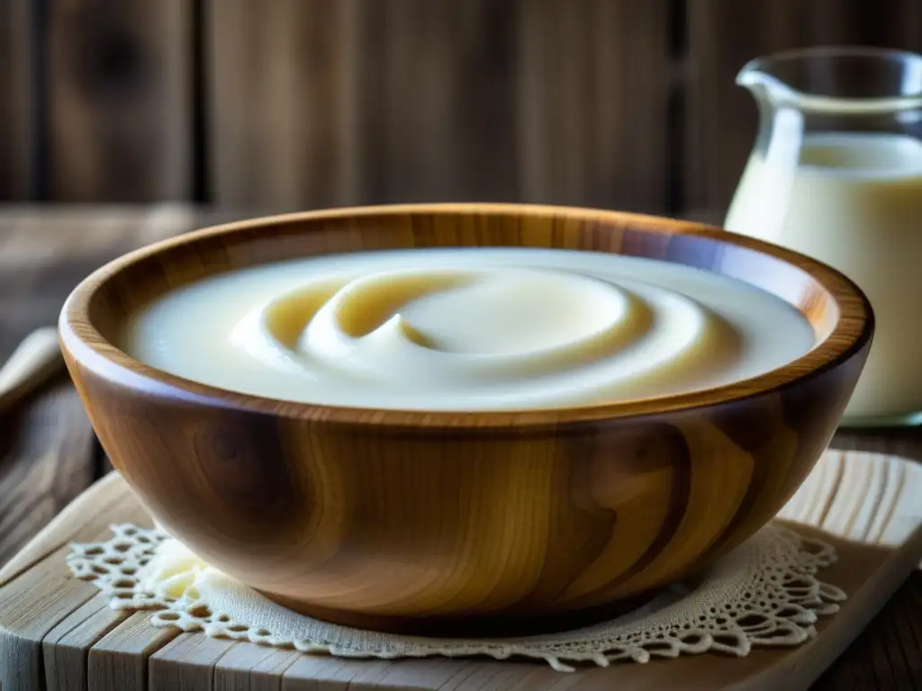 Delicada leche fermentada en bol de madera en la tradición de Escandinavia