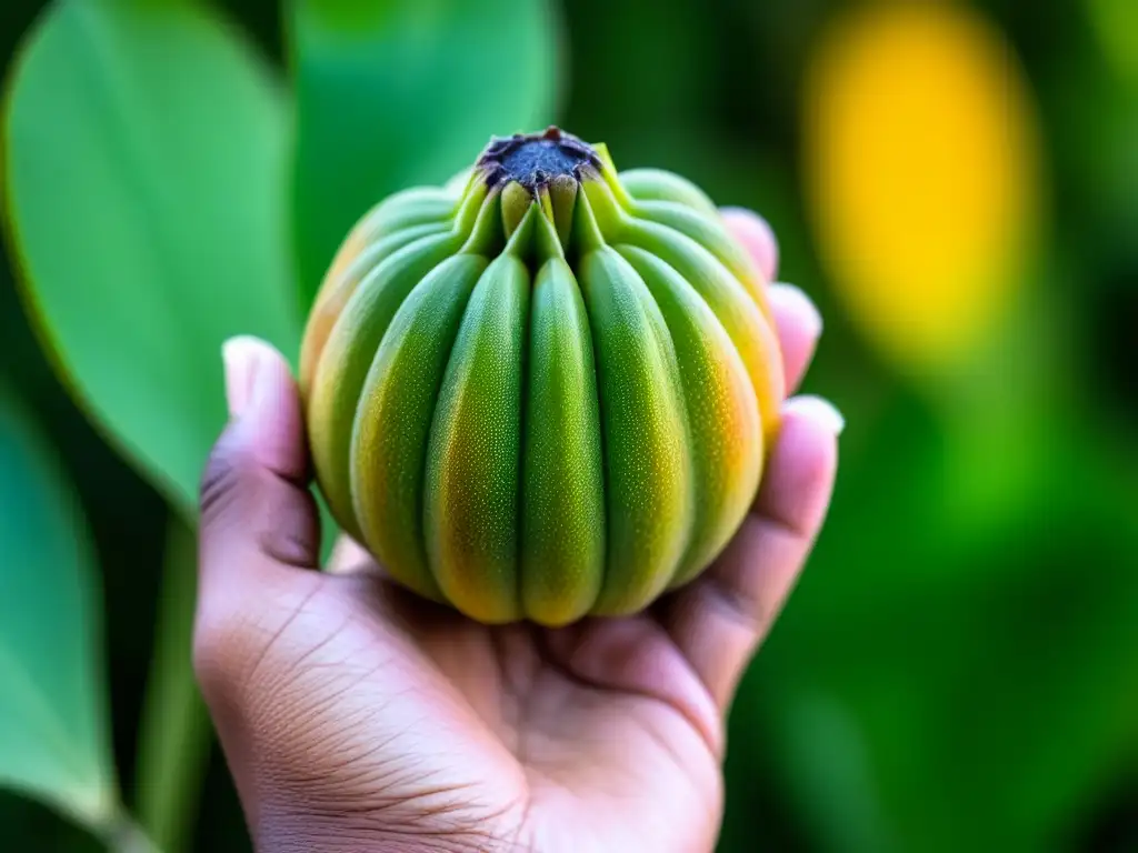 Delicada mano sosteniendo una madura lúcuma, resaltando su piel rugosa color marrón verdoso