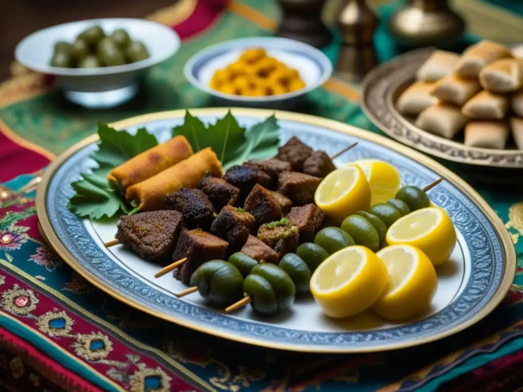 Delicada mesa de Iftar del Imperio Otomano con recetas históricas Ramadán: kebabs, baklava y especias, en vajilla inspirada en la época