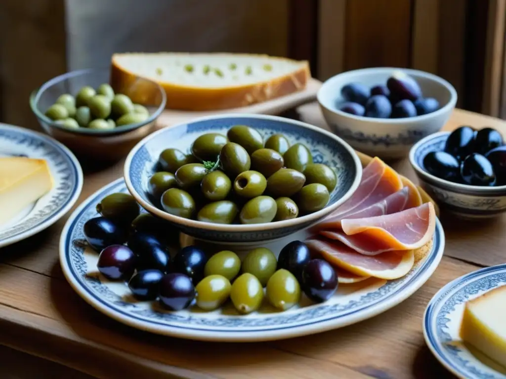 Delicada mesa romana con aperitivos antiguos en cerámica, bañada por luz natural