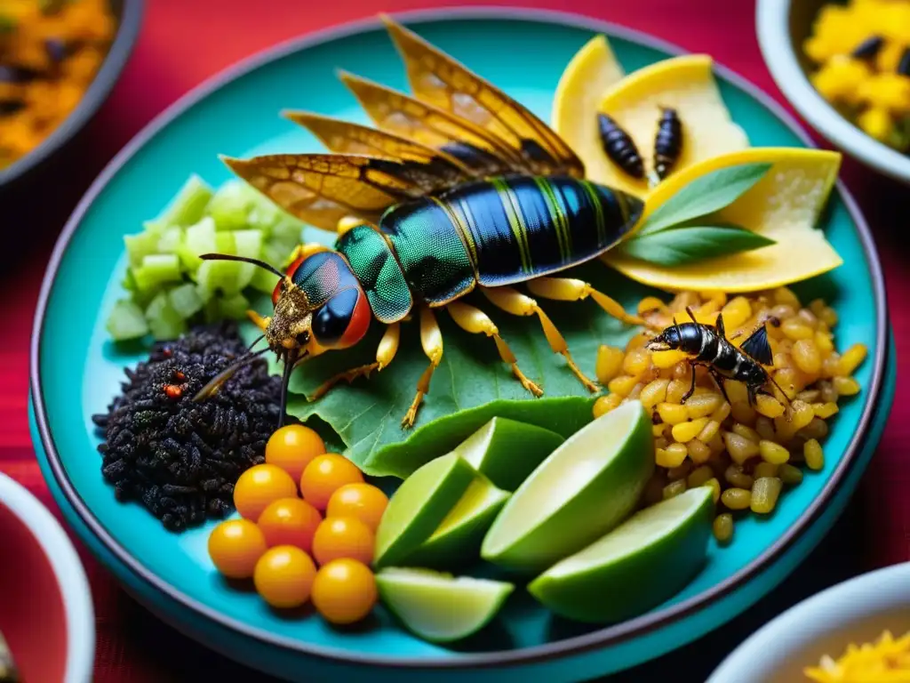 Delicada mezcla de platillos mexicanos tradicionales con insectos comestibles, resaltando la belleza de los gusanos de maguey y chapulines