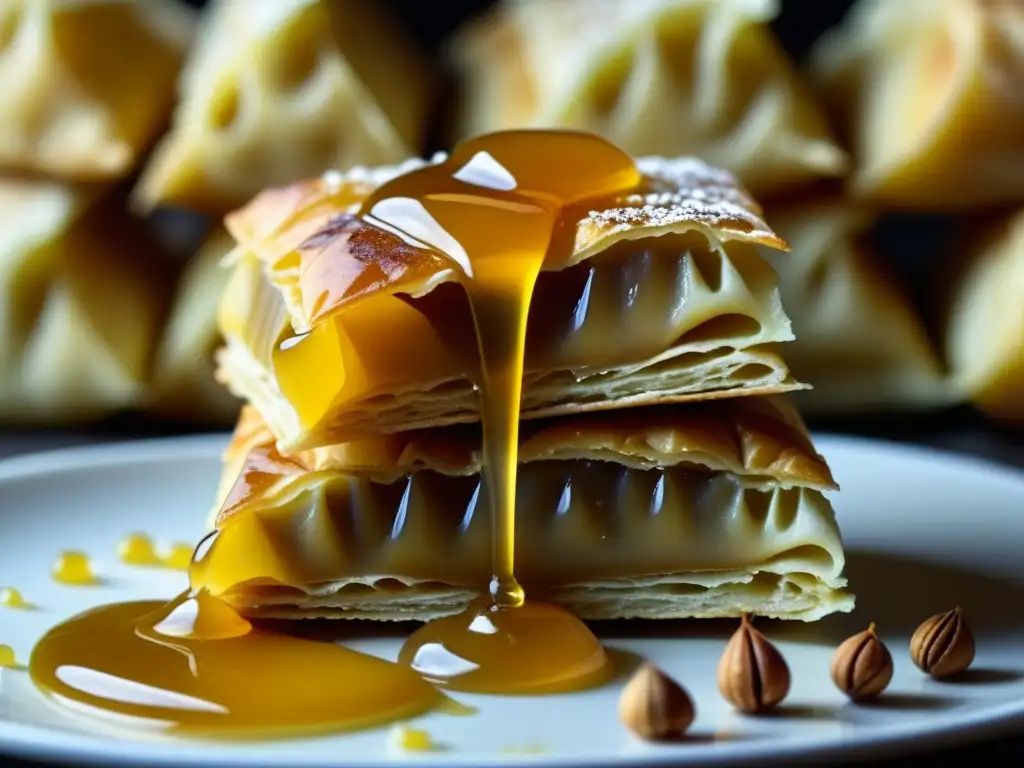 Delicada miel dorada sobre baklava, resaltando sus capas de hojaldre y frutos secos, en festival gastronómico Grecia