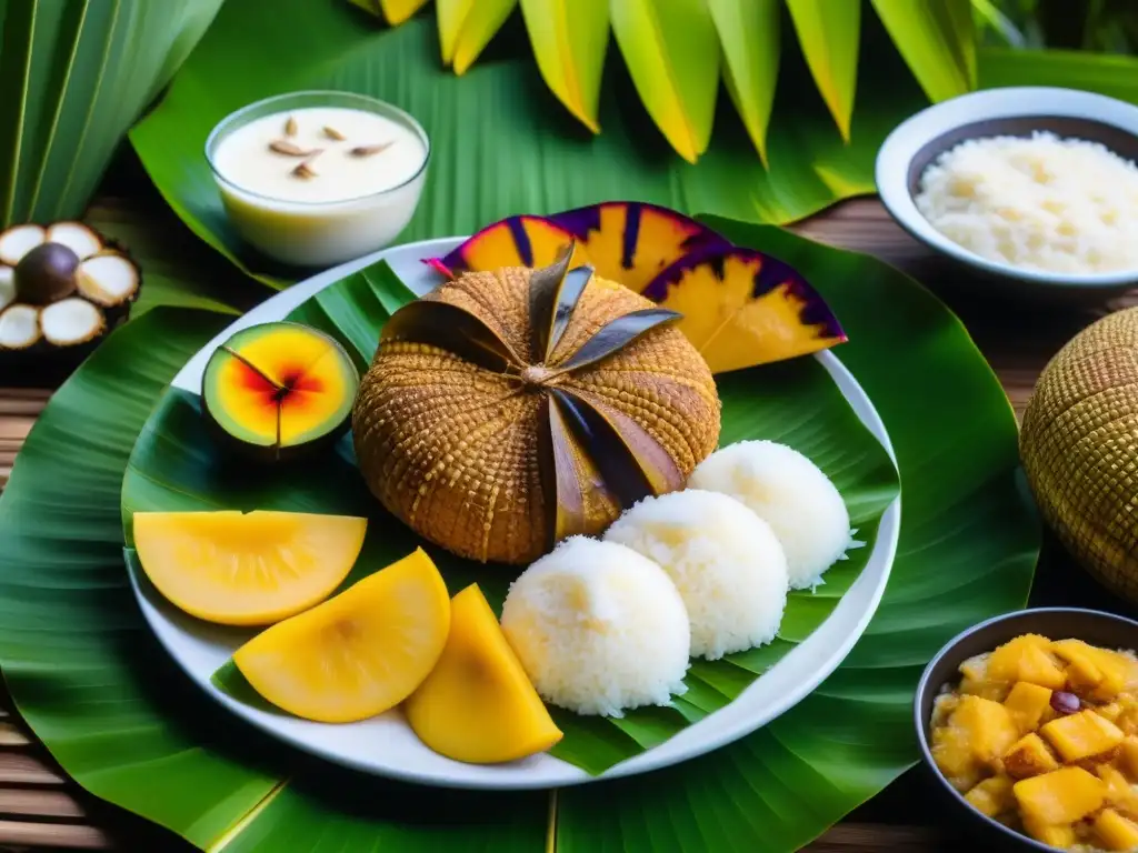 Delicada muestra de la dieta precolonial Micronesia con alimentos y técnicas culinarias tradicionales en vibrantes colores y texturas