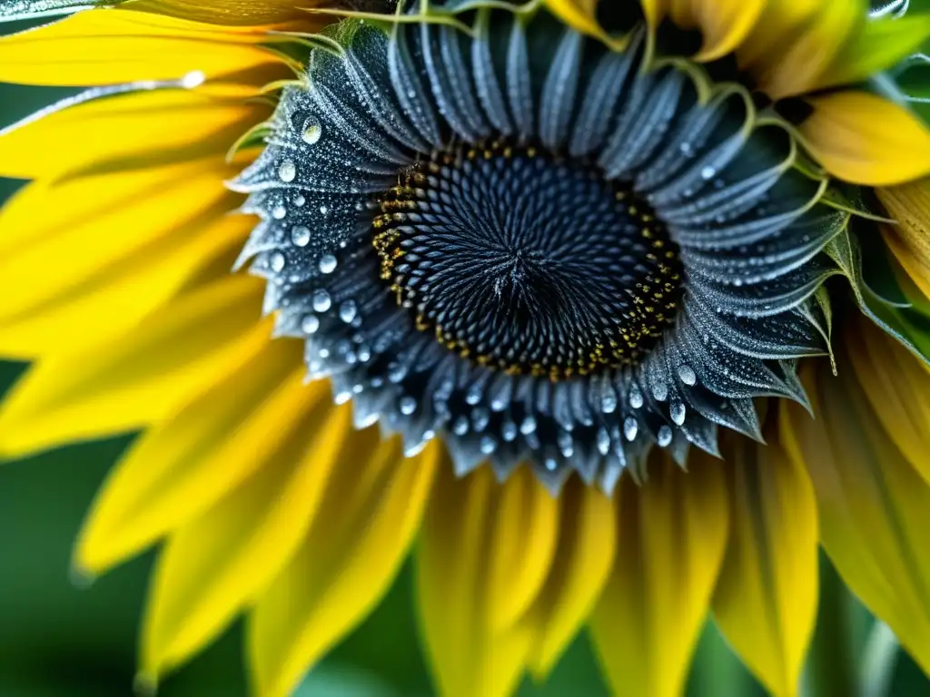 Delicada transición de opulencia a austeridad en la cocina rusa: girasol marchito con gota de rocío