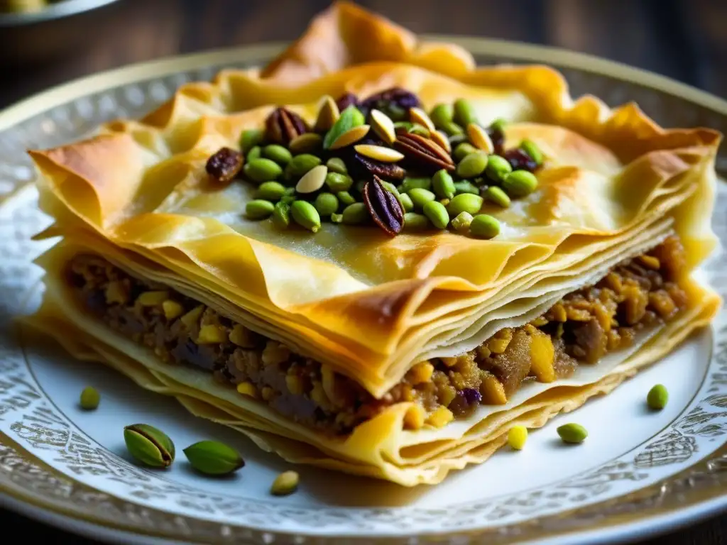 Delicada pastilla dorada con capas de hojaldre y relleno de carne, frutos secos y especias, reflejando la herencia culinaria de Al-Ándalus