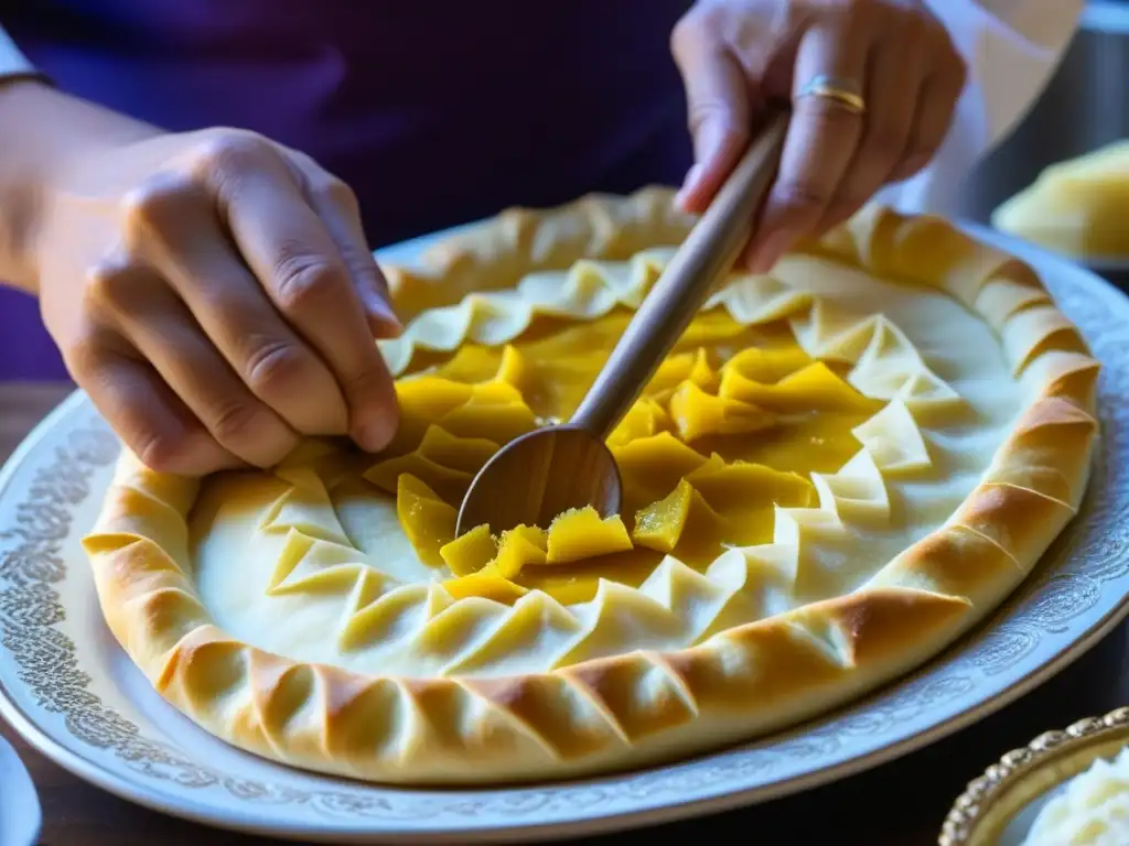 Delicada preparación de un plato armenio con capas de masa filo, uniendo historia y sabor en la Ruta de la Seda gastronomía Armenia